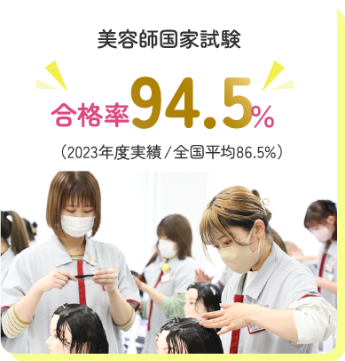 美容師国家試験 合格率94.5%（2023年度実績／全国平均86.5%）